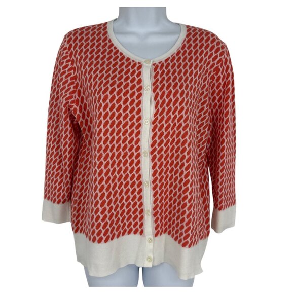 Ann Taylor Womens Coral & White Patterned Button-Up Cardigan Sweater L - Picture 1 of 7